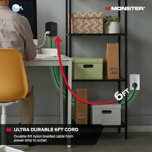 Monster Power Shield: Magnetic Wall Outlet Extender, Multiple Plug Outlet with 2 AC Outlets, 3 USB-A Ports, & 1 USB-C Port (20W)