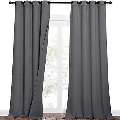 NICETOWN 3-in-1 Dampen Noise Blackout Thermal Reducing Curtains, Heavy Full Light Shading Drapes with Detachable Liner for Villa/Hall/Dorm Window（Gray, Package of 2, 52 inches Wide x 90 inches Long