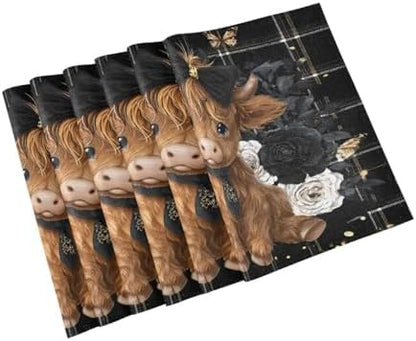 ALAZA Highland Cow Rose Butterfly Set of 4 Placemats Rectangle Table Mat for Dining Table Restaurant Kitchen Home Decor, 12" x 18"