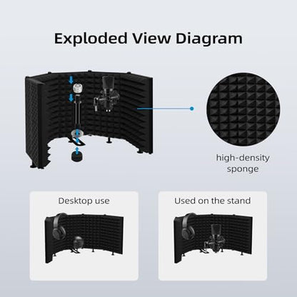 Microphone Isolation Shield – Foldable & Adjustable Soundproof Panel for Recording, Podcasting, Vocal Booth, Studio & Home Use (Five sides without stand)