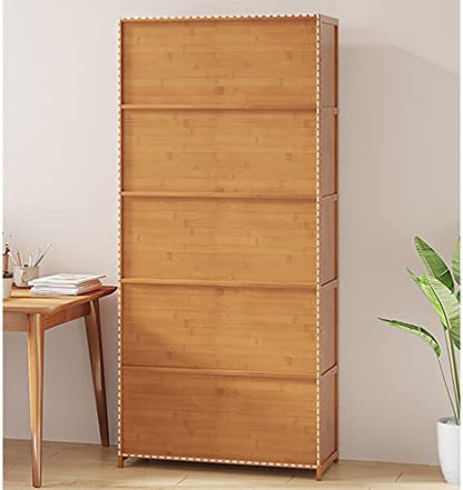 Bamboo Bookcase with flip-up Acrylic Doors, 1-5 Tier Free Standing Book Shelf Storage Organizer for Living Room Office Bedroom (Wood 70 * 32 * 140cm)