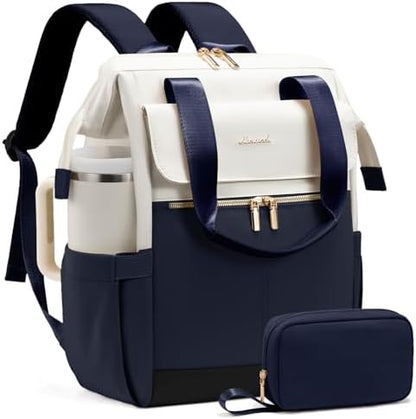 LOVEVOOK Laptop Backpack for Women, 15.6 Inch Work Laptop Bag with USB Port, Fashion Teacher Nurse Backpack Purse, Waterproof Travel Computer Backpack with Organizer Bag, 2PCS,Beige - Navy