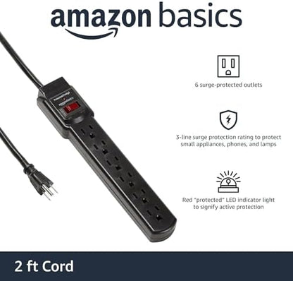 Amazon Basics 6-Outlet Surge Protector Power Strip with 200J Protection, Circuit Breaker, 2ft Extension Cord, Black, 20-Pack