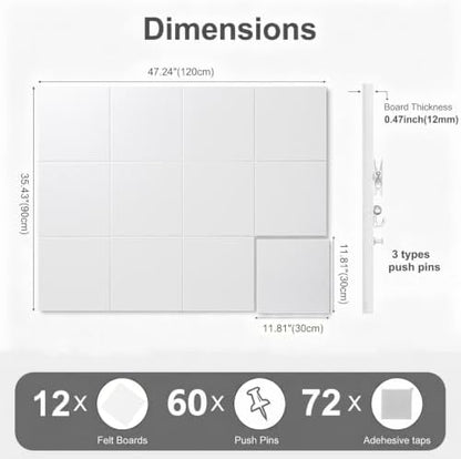 Felt Wall Tiles Bulletin Board Large Cork Board Alternative 12 Pack 11.81”x11.81”x0.47” Felt Pin Board Tack Board with Safe Removable Adhesive Tabs for Home Office School 48x36(White)