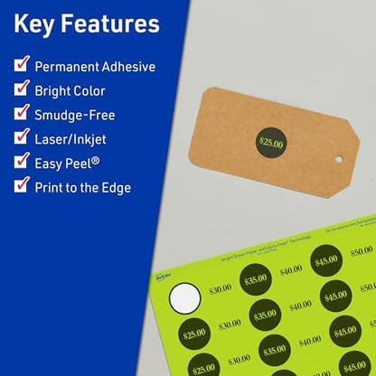 Avery® Printable Round Labels, Sure Feed® Technology, 3/4" Diameter, Bright Green Labels, Print-to-the-Edge, Laser/Inkjet, 800 Total, Great for Price Stickers and Mailing Seals
