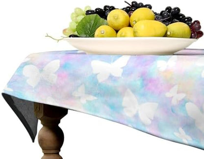 Rainbow Butterfly Tablecloth, Colorful Pink Blue White Butterflies Cartoon Print Table Cover for Farmhouse Kitchen Dining Room Table Decor 60x110in