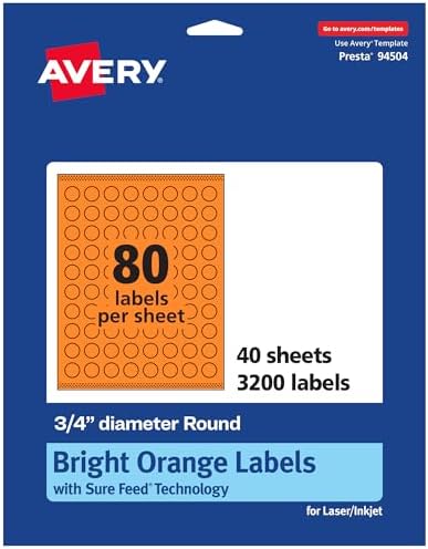Avery Printable Round Labels, Sure Feed Technology, 3/4" Diameter, Bright Orange Labels, Print-to-the-Edge, Laser/Inkjet, 3,200 Total, Great for Price Stickers and Mailing Seals