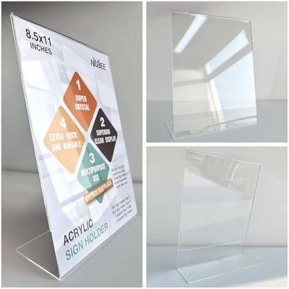 NIUBEE Acrylic Sign Holder 8.5 x 11 Vertical L-Shape Flyer Stand 3 Pack