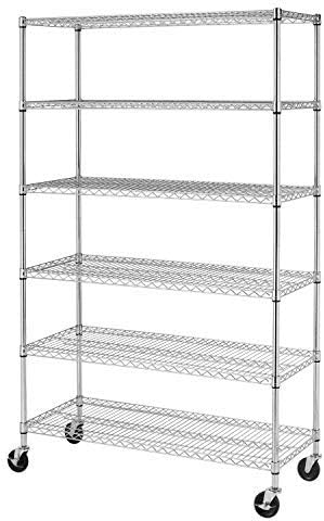 FDW 48 inch L×18 inch W×76 inch H Wire Shelving Unit Metal Shelf with 6 Tier Casters Adjustable Layer Rack Strong Steel for Restaurant Garage Pantry Kitchen Garage, Chrome