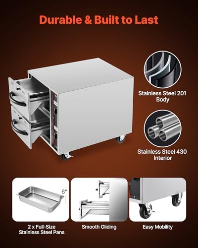 VEVOR Commercial Electric Drawer Warmer,2 Full-Size Pan Stainless Steel Food Warmer,Freestanding Standard Warming Drawer Cabinet,85°F–185°F Wide Temperature Range,for Restaurant, Hotel Buffet & Bakery