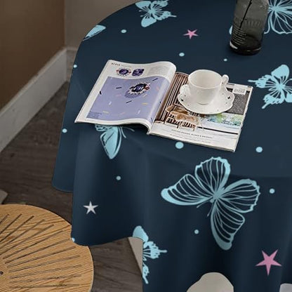 Blue Butterfly Tablecloth, Cartoon Colorful Butterfly Pink Starry Sky Star Print Tablecloth for Camping Indoor Outdoor Decor, 70x70in