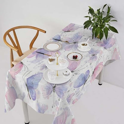 Purple Butterfly Tablecloth, Watercolor Pink Butterfly Abstract Cartoon Print Table Cloth for Farmhouse Kitchen Dinning Room Picnic Parties Home Decor 55x75in