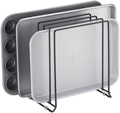 mDesign Pot Lid and Pan Rack — Metal Wire Rack for Cabinets, Pantries or Kitchen Surfaces — Freestanding Pan Stand with 5 Slots for Pans, Pots, Lids and Crockery — Black