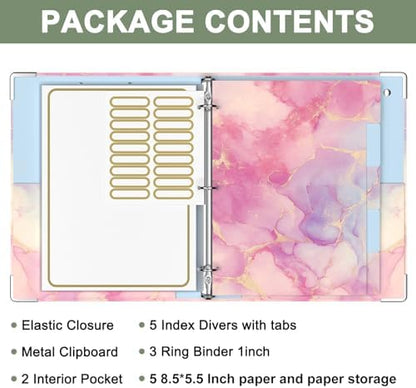 Rouidr Mini 3 Ring Binder with clipboard, 1 inch Round Binder Organizer, 8.5"x5.5" Cute Binder with 5 Dividers Tabs & Clear Sleeves, School Supplies, Office Supplies