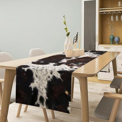 Cow Animal Skin Print Table Runner, Rustic Cottage Country Farm Animal Fur Skin Pattern Western Style Black Brown Cowhide Print Dinner Runner for Home Kitchen Dining Table Decoration 13"x108"