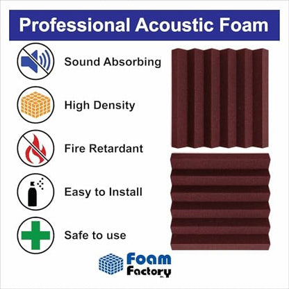 Foam Factory Inc 24 Pack Color Acoustic Foam Panel Studio Soundproofing Wedge Wall Tiles 12” X 12” X 2” (Burgundy)