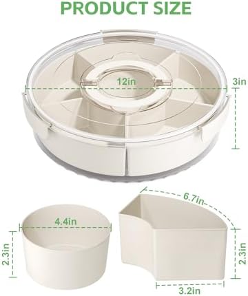 Divided Rotating Serving Tray with Lid and Handle, Portable Snackle Box for Fruits Snacks Veggie Charcuterie, Clear Lazy Susan Organizer and Fridge Storage Container for Adults Child (1PCS,12" L