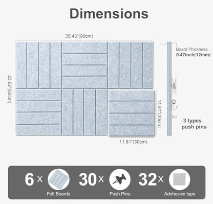 0.47" Thick Felt Wall Tiles 36"x24" Cork Board Alternative 6 Pack 11.81"x11.81"Felt Bulletin Board Pin Board with Removable Adhesive Tape&30 Pushpins for Home Office School(Bold-Silver Grey)
