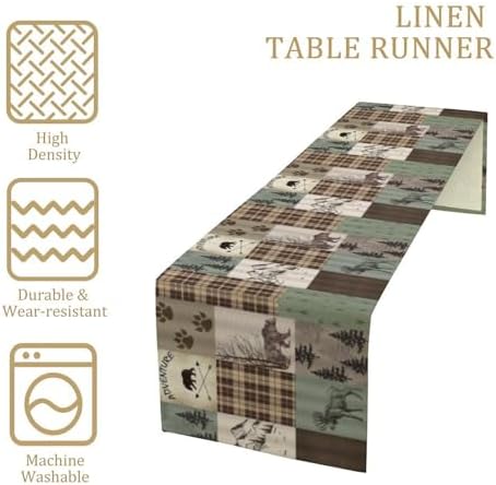 Rustic Moose Deer Bear Table Runner, Retro Vintage Bear Cottage Country Style Cabin Farmhouse Dinner Runner for Home Kitchen Dining Table Decoration 13"x60"