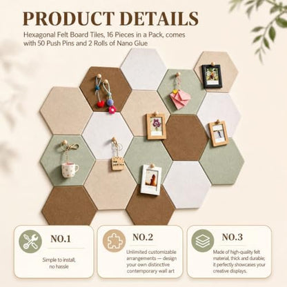 12x10 in 16 Pcs Hexagon Cork Board Tiles, Felt Pin Boards, Sage