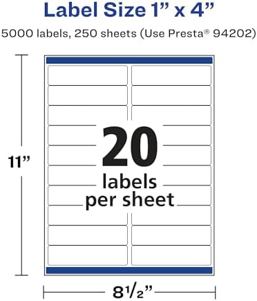 Avery® Matte White Rectangle Labels, Sure Feed® Technology, 1" x 4", 5,000 Matte White Printable Labels