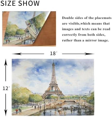 ALAZA Paris Eiffel Tower Tower Watercolor Set of 4 Placemats Rectangle Table Mat for Dining Table Restaurant Kitchen Home Decor, 12" x 18"