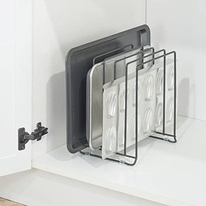 mDesign Pot Lid and Pan Rack — Metal Wire Rack for Cabinets, Pantries or Kitchen Surfaces — Freestanding Pan Stand with 5 Slots for Pans, Pots, Lids and Crockery — Dark Grey