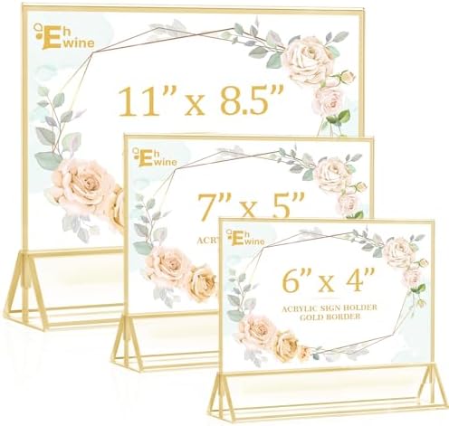 EHWINE 6 Pack Acrylic Sign Holder 4 x 6 Horizontal, Double-Sided Stand up Table Top Sign Holders, Gold Acrylic Picture Frame Menu Flyer Paper Holder Display Stand for Office Business Store Wedding Party