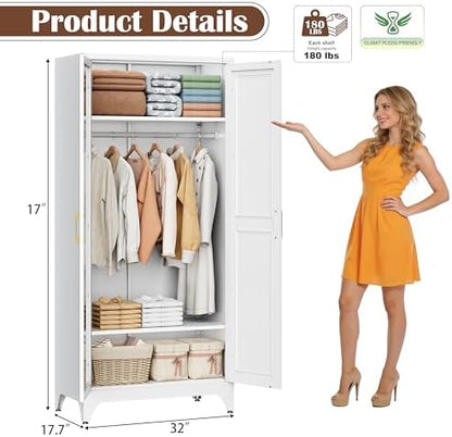 SteeLoong 71”Armoire Wardrobe Close,White Wardrobe Cabinet with Mirror Door