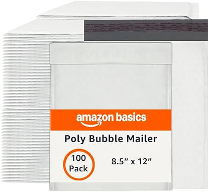 Amazon Basics Poly Bubble Mailer, 8.5" x 12" (Internal Size 8.25" x 11"), Self-Seal, 100-Pack, White/Grey