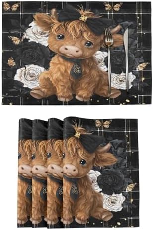ALAZA Highland Cow Rose Butterfly Set of 4 Placemats Rectangle Table Mat for Dining Table Restaurant Kitchen Home Decor, 12" x 18"
