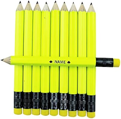 EZPENCILS & GIFTS - Golf Pencils Tipped with Eraser (1/2 a Pencil - Pew Pencils) - Neon Yellow Colored Barrel - FREE-PERSONALIZATION - 2HB Black Lead - Custom Text - Non-Smear Eraser – Package of 90