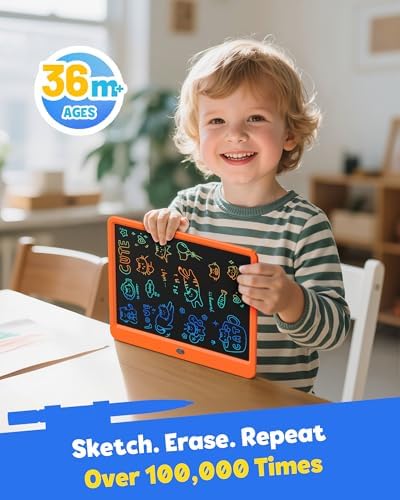 TEKFUN 12 Inch LCD Writing Tablet for Kids, Coloring Drawing Pad, Mess Free Doodle Board, Airplane Travel Toys for Boys and Toddlers, Road Trip Essentials, Gifts for 3-8 Year Old Girls (Orange)