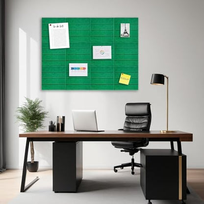 12 Packs Green Felt Pin Board, Large 12" Bulletin Board with 30 Push Pins, Felt Board Slat Wall Paneling for Office Home Kitchen, Self-Adhesive Corkboard Tiles for Classroom Message Photos Memos
