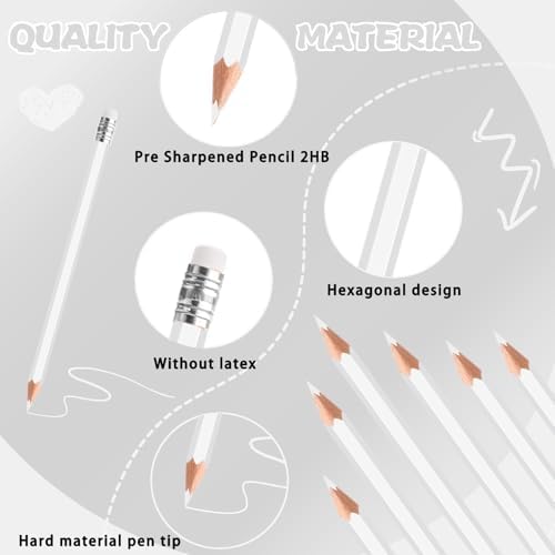 24PCS White Colored Pencils with Eraser Pre Sharpened Pencil 2 HB - Ideal for Checking, Grading, Tests & Office/School Supplies (White)
