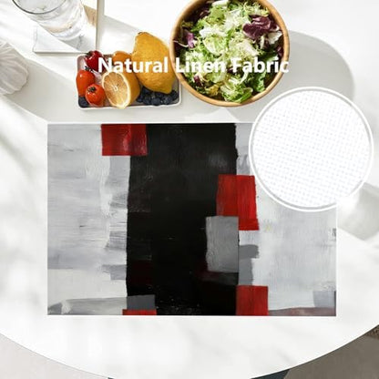 Batmerry Grey Modern Modern Art Linen Placemats Set of 8, Red Art Plaid Washable Table Mats for Kitchen Table Thickened Heat Insulation Dining Set Indoor Outdoor 12X18 in
