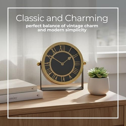 Metal Table Clock for Living Room Decor - Desk Clock for Office Desk, Study Room, Living Room, Mantel or Table Styling - Small Home Decor for Shelf or Tabletop Display - 7", Gold & Black