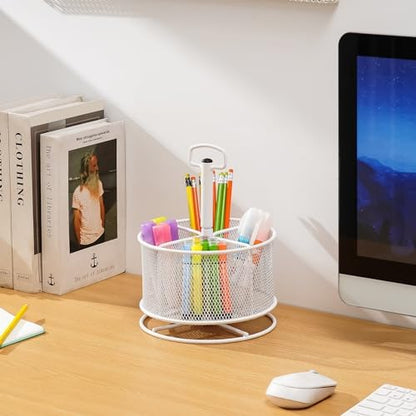 Marbrasse Mesh Desk Organizer, 360-Degree Rotating Multi-Functional Pen Holder, 4 Compartments Desktop Stationary Organizer, Home Office Art Supply Storage Box Caddy (White)