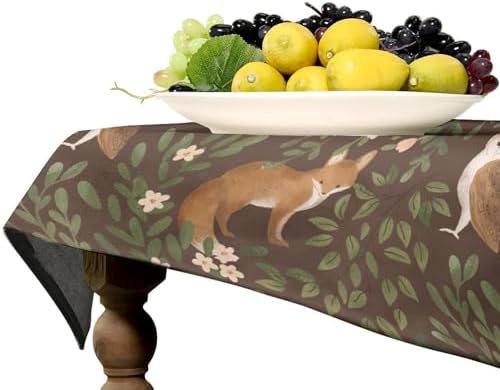 Woodland Animals Tablecloth, Rustic Forest Fox Owl Bird Green Plants Leaves Print Table Cover for Farmhouse Kitchen Dinning Indoor Outdoor Party Decor 60x110in