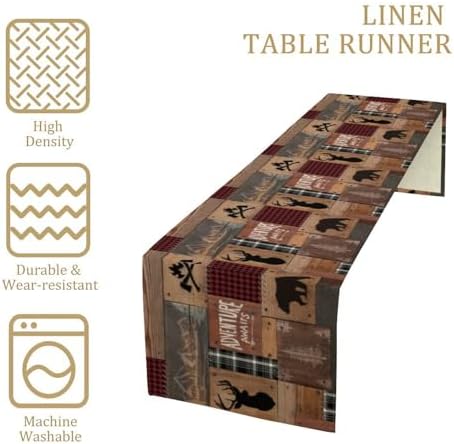 Rustic Cabin Moose Deer Bear Table Runner, Retro Bear Cottage Country Style Cabin Farmhouse Dinner Runner for Home Kitchen Dining Table Decoration 13"x90"
