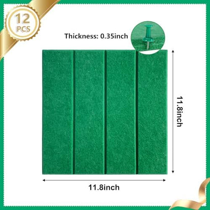 12 Packs Green Felt Pin Board, Large 12" Bulletin Board with 30 Push Pins, Felt Board Slat Wall Paneling for Office Home Kitchen, Self-Adhesive Corkboard Tiles for Classroom Message Photos Memos