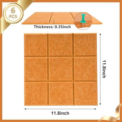 6 Packs Cork Board Felt Board Tiles, Bulletin Board 12"X12" with 30 Push Pins, Felt Board for Home Kitchen Office Decor, Self-Adhesive Corkboard Tiles for Walls School Message Display Board-Orange-2