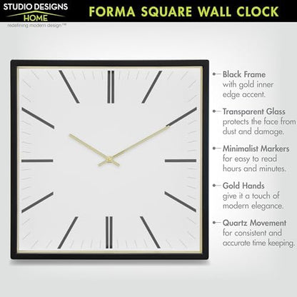 Forma Square Modern Wall Clock, 16" Minimalist Black Frame with Gold Trim, Quartz Movement, Glass Face, Contemporary Indoor Wall Décor