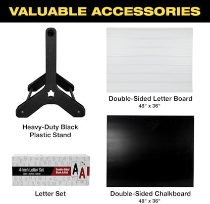Swinging Changeable Message Sidewalk Sign: 48" x 36" Sign with 792 Pre-Cut Double Sided Letters and Storage Box. Includes Black Board & Letter Board (Black Color Legs)