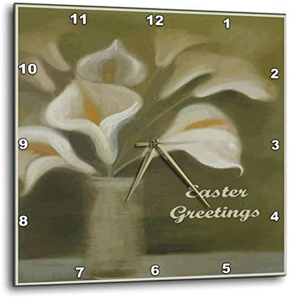 3dRose Wall Clock Silent - 10 inch - Ten White Calla Lilies in a vase on sage Green with Easter Greeting - Acrylic Painting - Easter Greetings