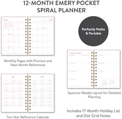 Orange Circle Studio 2027 Berry Bliss Emery Pocket Planner, 12-Month Weekly & Monthly Calendar, Spiral Bound 4.5 x 6.5 In, Pink Embroidered Cover, Compact Daily Planner Notebook for Women, Travel Size