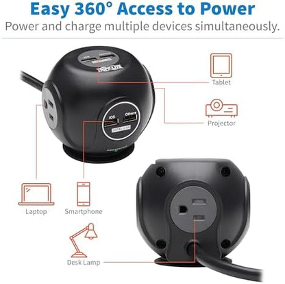 Tripp Lite Surge Protector 3-Outlet Spherical Surge Protector, 4 USB Ports (4.8A Shared) - 6-ft. (1.83 m) Cord, 5-15P Plug, 540 Joules, Black (TLP36USB)