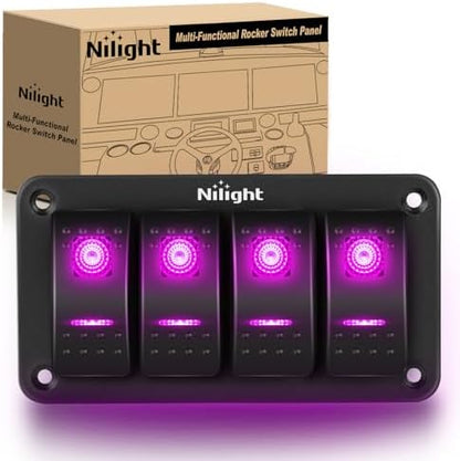 Nilight 4 Gang Rocker Switch Panel w/Purple LED Light 5Pin On Off Pre-Wired