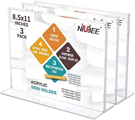 NIUBEE Acrylic Sign Holder 8.5 x 11 Horizontal T-Shape Flyer Stand 3 Pack