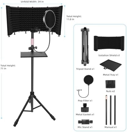 Microphone Isolation Shield – Foldable & Adjustable Soundproof Panel for Recording, Podcasting, Vocal Booth, Studio & Home Use (Six-sided high stand)